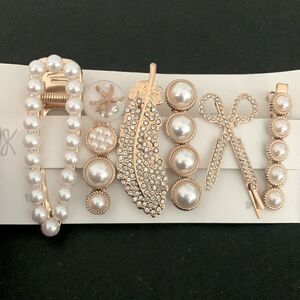 Set of 6 Pearl and Rhinestone Hair Clips Starfish Scissors Feather Design